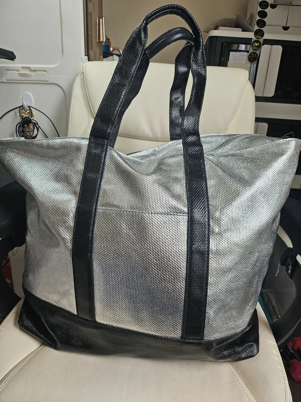 Victoria's Secret Silver Metallic Tote Bag with Black Trim
